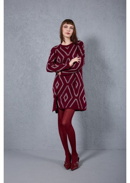 Kadın Bordo Yan Yırtmaçlı Bisiklet Yaka Sim Desenli Triko Bluz modelleri