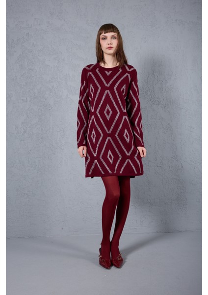 Kadın Bordo Yan Yırtmaçlı Bisiklet Yaka Sim Desenli Triko Bluz