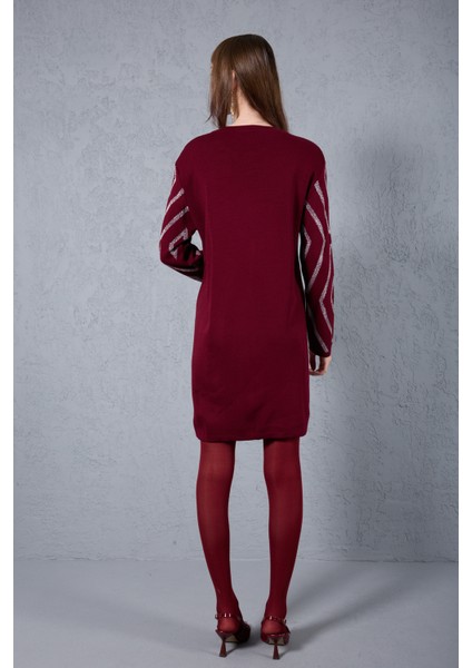 Kadın Bordo Yan Yırtmaçlı Bisiklet Yaka Sim Desenli Triko Bluz