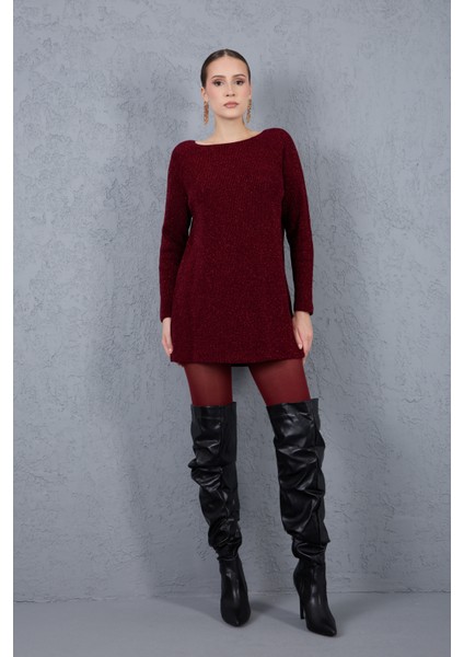 Kadın Bordo Reglan Kollu Kayık Yaka Simli Triko Kazak