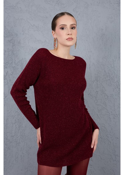 Kadın Bordo Reglan Kollu Kayık Yaka Simli Triko Kazak fiyatları