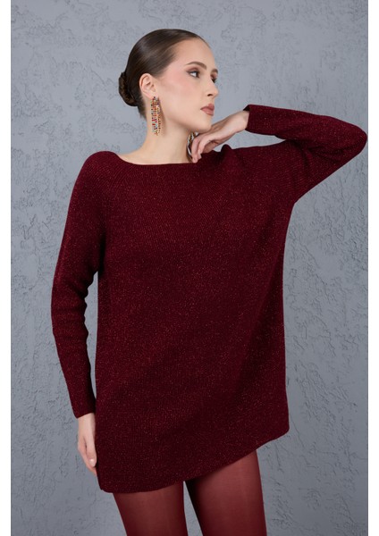 Kadın Bordo Reglan Kollu Kayık Yaka Simli Triko Kazak modelleri