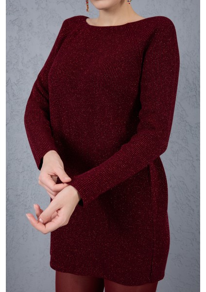 Kadın Bordo Reglan Kollu Kayık Yaka Simli Triko Kazak fırsatları