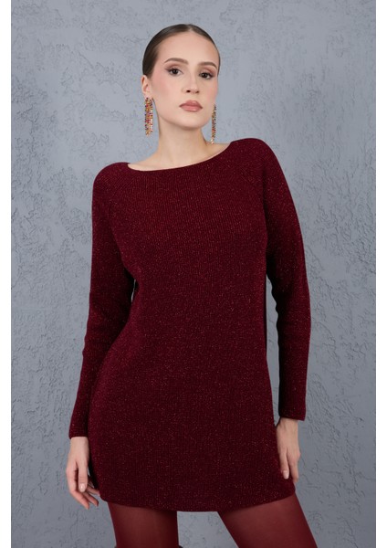 Kadın Bordo Reglan Kollu Kayık Yaka Simli Triko Kazak indirimleri