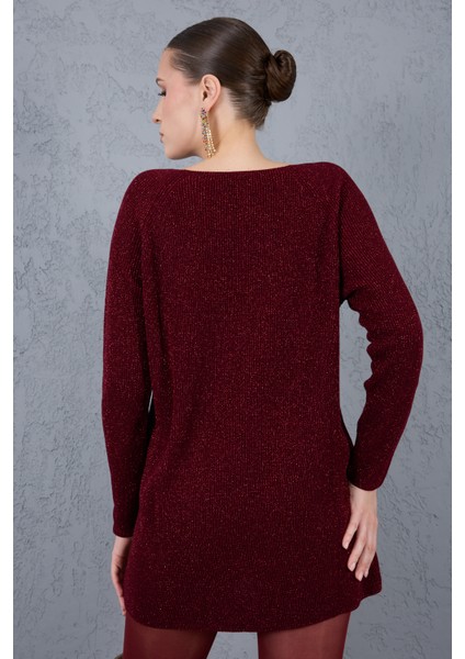 Kadın Bordo Reglan Kollu Kayık Yaka Simli Triko Kazak