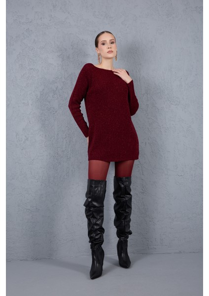 Kadın Bordo Reglan Kollu Kayık Yaka Simli Triko Kazak
