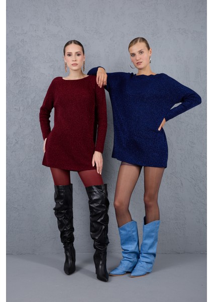 Kadın Bordo Reglan Kollu Kayık Yaka Simli Triko Kazak