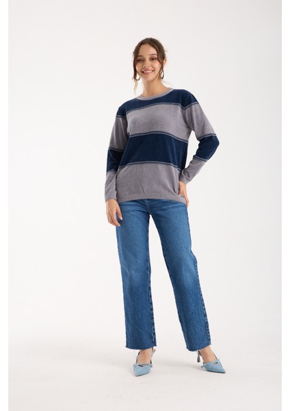 Kadın Gri-Laci Iki Renkli Çapraz Kontrast Dikiş Detaylı Şönil Kadife Triko Bluz