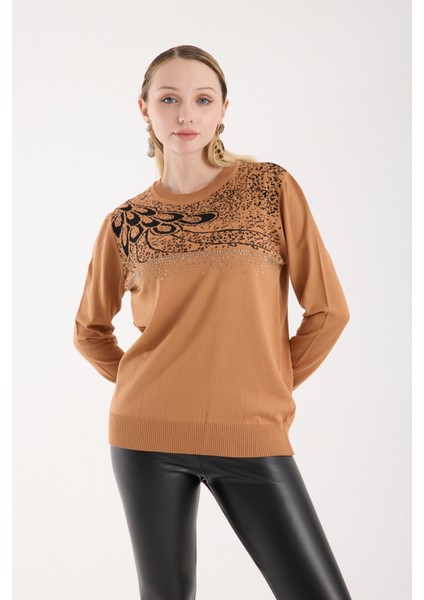 Kadın Bej Elit Viskon Kumaş Taş Detaylı Bisiklet Yaka Triko Bluz