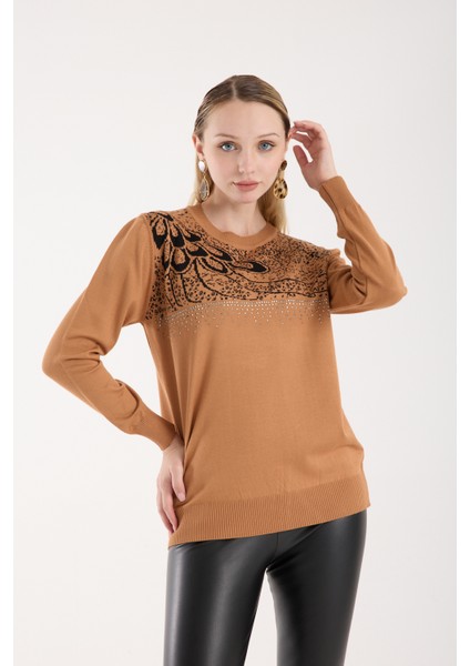 Kadın Bej Elit Viskon Kumaş Taş Detaylı Bisiklet Yaka Triko Bluz modelleri