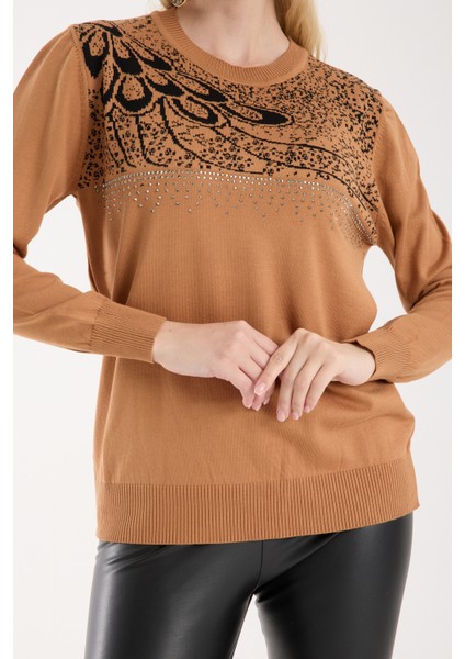 Kadın Bej Elit Viskon Kumaş Taş Detaylı Bisiklet Yaka Triko Bluz fırsatları