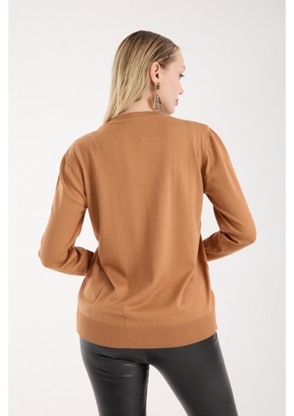 Kadın Bej Elit Viskon Kumaş Taş Detaylı Bisiklet Yaka Triko Bluz indirimleri