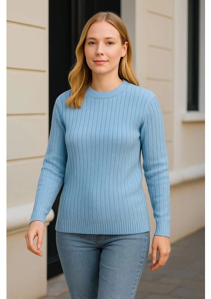 Bisiklet Yuvarlak Yaka Triko Kazak Pamuklu Kalın Fitilli Dokuma, Regular Fit Uzun Kollu Kışlık Model - Bebe Mavisi modelleri