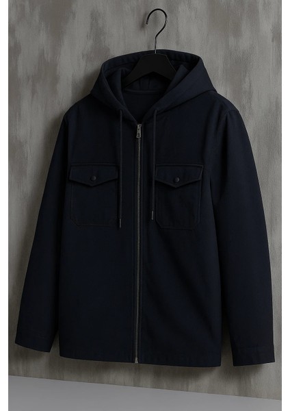 Erkek Oversize Premium Lacivert Kapşonlu Mont