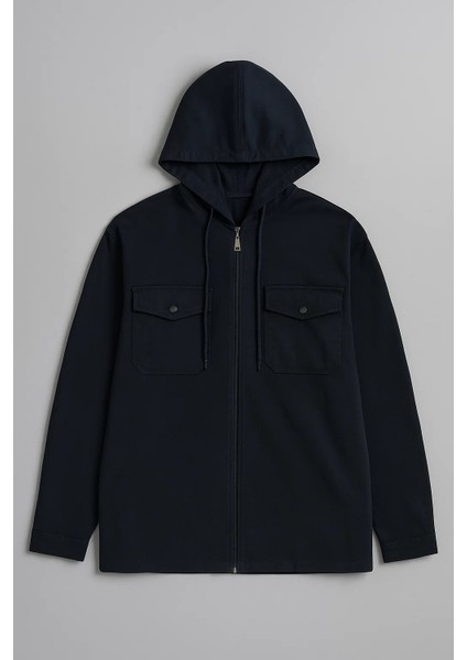 Erkek Oversize Premium Lacivert Kapşonlu Mont