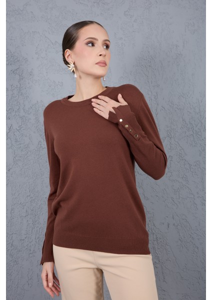 Kadın Kahve Çıtçıtlı Kollu Bisiklet Yaka Triko Bluz
