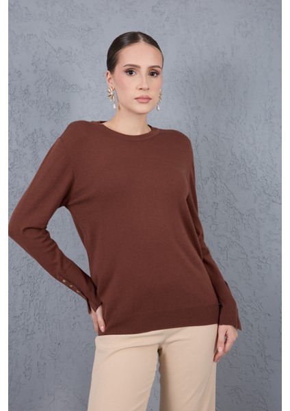 Kadın Kahve Çıtçıtlı Kollu Bisiklet Yaka Triko Bluz fiyatları