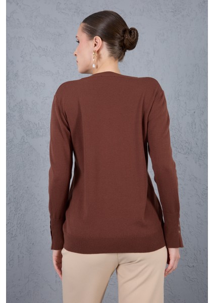 Kadın Kahve Çıtçıtlı Kollu Bisiklet Yaka Triko Bluz modelleri