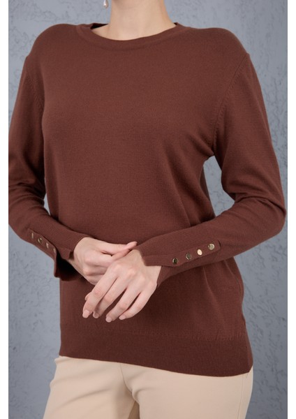 Kadın Kahve Çıtçıtlı Kollu Bisiklet Yaka Triko Bluz fırsatları