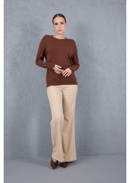 Kadın Kahve Çıtçıtlı Kollu Bisiklet Yaka Triko Bluz indirimleri