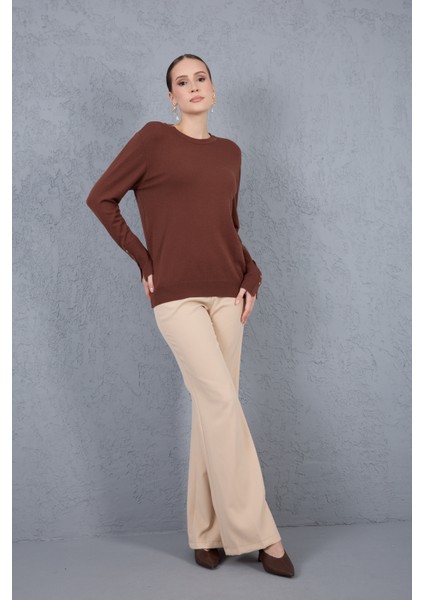 Kadın Kahve Çıtçıtlı Kollu Bisiklet Yaka Triko Bluz
