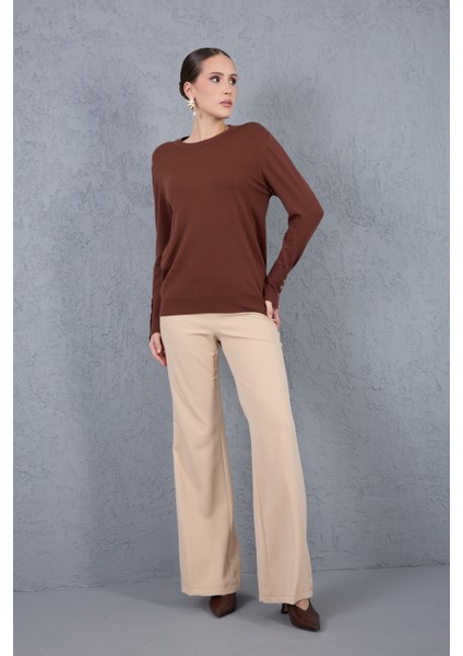Kadın Kahve Çıtçıtlı Kollu Bisiklet Yaka Triko Bluz
