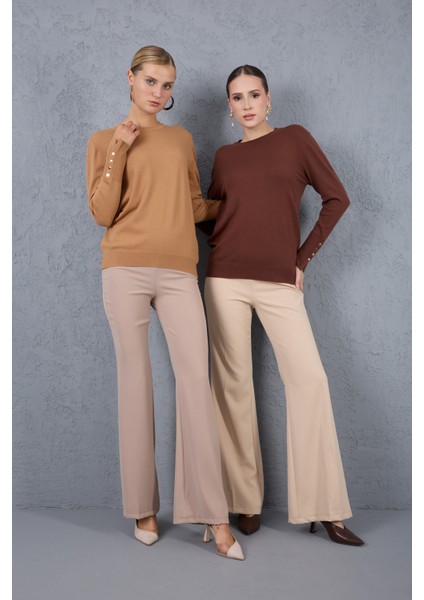 Kadın Kahve Çıtçıtlı Kollu Bisiklet Yaka Triko Bluz