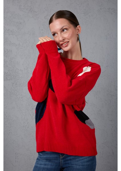 Kadın Kırmızı Şönil Kadife Renk Bloklu Bisiklet Yaka Triko Kazak