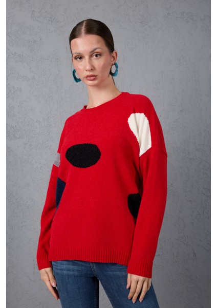 Kadın Kırmızı Şönil Kadife Renk Bloklu Bisiklet Yaka Triko Kazak fiyatları