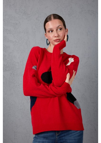 Kadın Kırmızı Şönil Kadife Renk Bloklu Bisiklet Yaka Triko Kazak modelleri