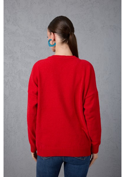 Kadın Kırmızı Şönil Kadife Renk Bloklu Bisiklet Yaka Triko Kazak fırsatları