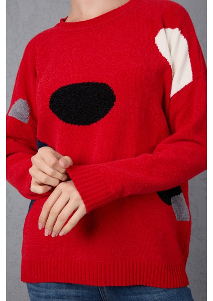 Kadın Kırmızı Şönil Kadife Renk Bloklu Bisiklet Yaka Triko Kazak indirimleri