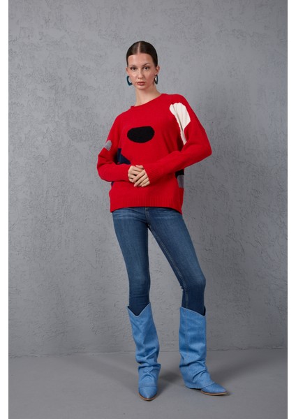 Kadın Kırmızı Şönil Kadife Renk Bloklu Bisiklet Yaka Triko Kazak