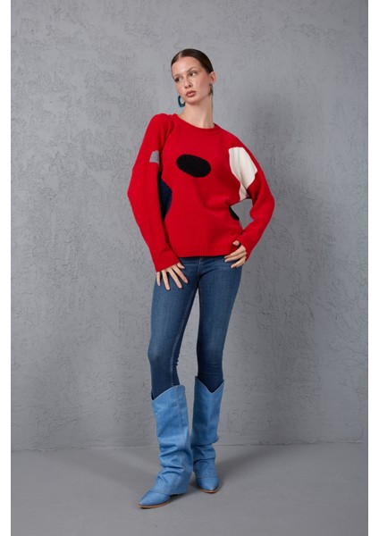 Kadın Kırmızı Şönil Kadife Renk Bloklu Bisiklet Yaka Triko Kazak