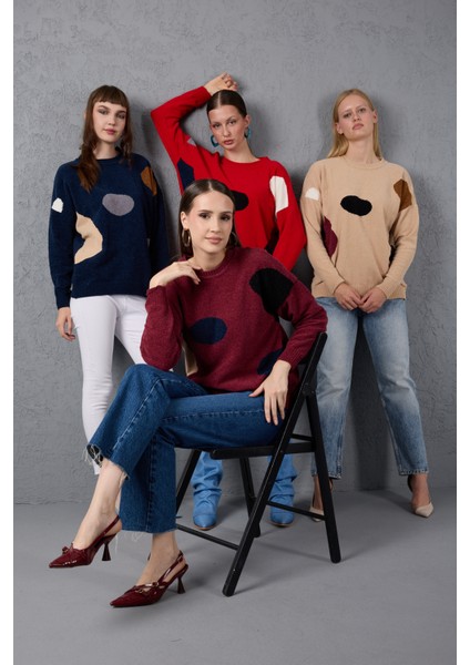 Kadın Kırmızı Şönil Kadife Renk Bloklu Bisiklet Yaka Triko Kazak