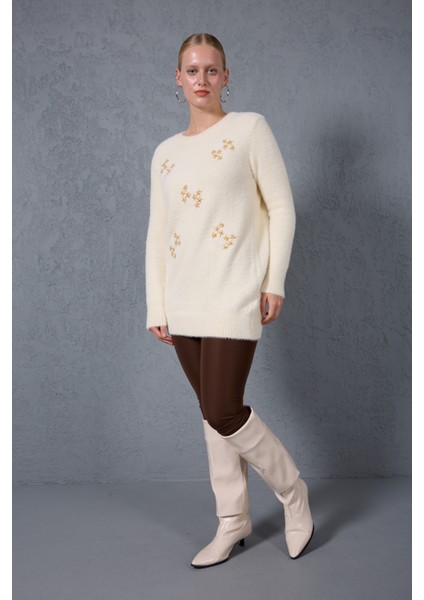 Kadın Ekru Sakal Iplik Boncuk Nakışlı Bisiklet Yaka Triko Kazak fiyatları