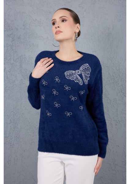 Kadın Koyu Laci Sakal Iplik Boncuk Nakışlı Bisiklet Yaka Triko Kazak fiyatları