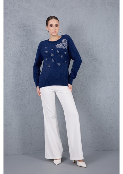 Kadın Koyu Laci Sakal Iplik Boncuk Nakışlı Bisiklet Yaka Triko Kazak indirimleri