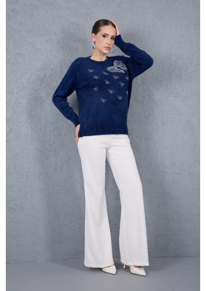 Kadın Koyu Laci Sakal Iplik Boncuk Nakışlı Bisiklet Yaka Triko Kazak