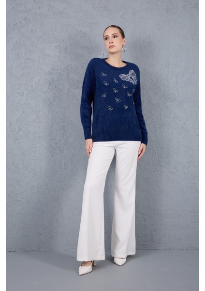 Kadın Koyu Laci Sakal Iplik Boncuk Nakışlı Bisiklet Yaka Triko Kazak