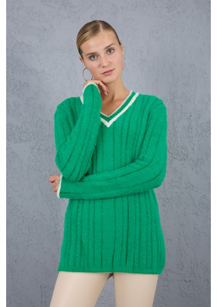 Kadın Yeşil Sakal Iplik Kontrast Biyeli V Yaka Triko Kazak