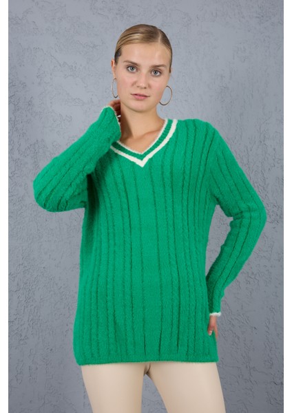 Kadın Yeşil Sakal Iplik Kontrast Biyeli V Yaka Triko Kazak fiyatları