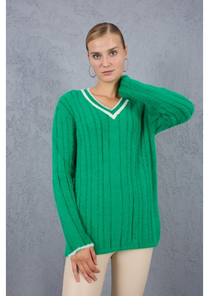Kadın Yeşil Sakal Iplik Kontrast Biyeli V Yaka Triko Kazak modelleri