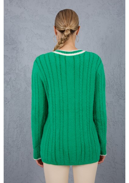 Kadın Yeşil Sakal Iplik Kontrast Biyeli V Yaka Triko Kazak fırsatları