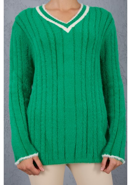 Kadın Yeşil Sakal Iplik Kontrast Biyeli V Yaka Triko Kazak indirimleri