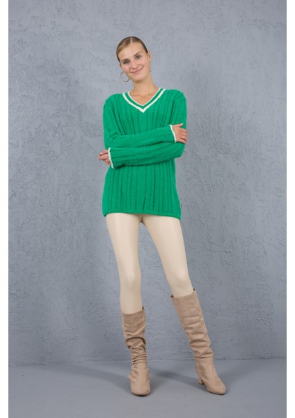 Kadın Yeşil Sakal Iplik Kontrast Biyeli V Yaka Triko Kazak