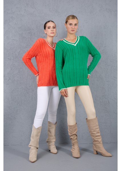 Kadın Yeşil Sakal Iplik Kontrast Biyeli V Yaka Triko Kazak