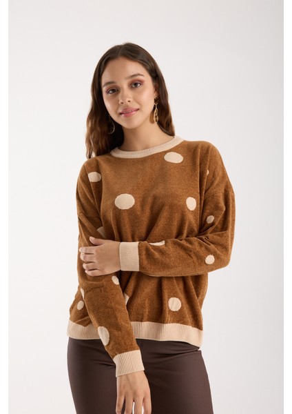 Kadın Taba Puantiyeli Şönil Kadife Bisiklet Yaka Triko Kazak fiyatları