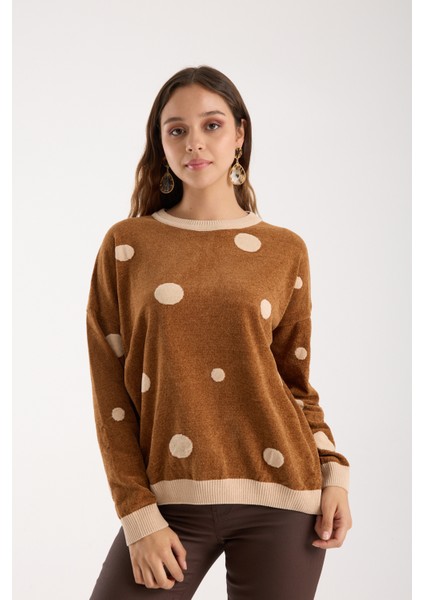 Kadın Taba Puantiyeli Şönil Kadife Bisiklet Yaka Triko Kazak modelleri