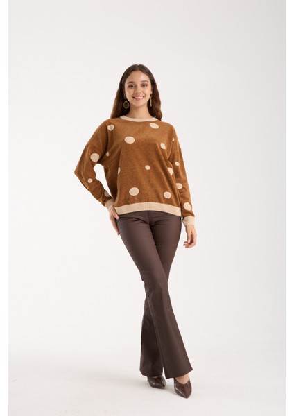 Kadın Taba Puantiyeli Şönil Kadife Bisiklet Yaka Triko Kazak indirimleri